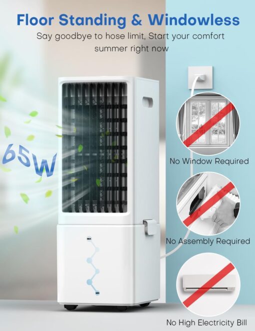 COOLECH Portable Air Conditioners w/Remote, 4 Modes & 3 Speeds, Waterless Alert System & 2.4-Gal Tank for 20H Cooling, 12H Timer for Auto Off, 3-IN-1 Evaporative Air Cooler for Room Bedroom Office - Image 2