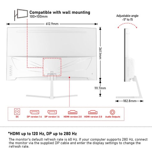 Gawfolk 27 Inch PC Computer Screen,1800R Curved Gaming 280Hz Monitors, FHD 1080p 1ms, Freesync, 98% sRGB,178 ° Angle View HDMI2.0、DisplayPort, Compatible with Wall-Mounted 100 * 100MM-White - Image 3