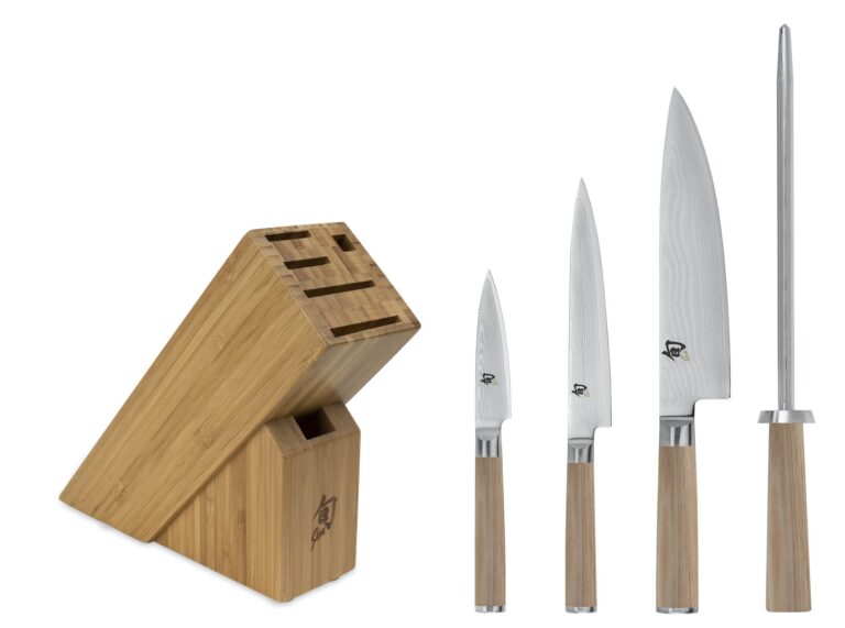 Shun Classic Blonde 5 Piece Starter Block Set, Includes 8" Chef, 3.5" Paring & 6" Utility Knives, Handcrafted Japanese Knife Block Set, Damascus Stainless Steel Cladding, Pakkawood Handle - Image 6