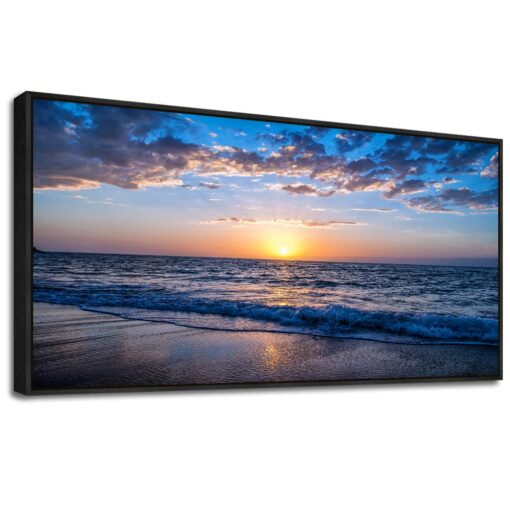 Blue Ocean Framed Wall Decor Living Room Large Size Canvas Wall Art For Bedroom Boho Home Decor Sea Beach Canvas Pictures Artwork Sunny Sea View Painting Office Wall Decorations Black Framed 30" X 60"