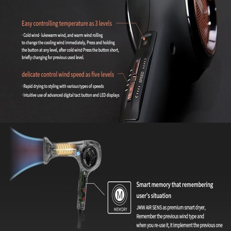 JMW Hair Dryer AIR SENSE I 15 WINDS - 3 Heat X 5 Speed mix, 2 nozzles & dryer Stand, upgrade BLDC motor, 100% Cool shot, Smart Memory, Fast Drying, Low Noise, Curling, Durable, Blow Dryer Frizzy Hair, - Image 3