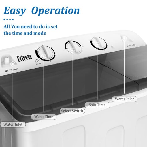 Erivess 32 lbs Compact Mini Twin Tub Washing Machine with Drying Rack&10 Hangers, 20 lbs Washer Mini Compact Laundry Machine and 12 lbs Spinner, Convenient and Efficient for Dorms, Apartment - Image 4