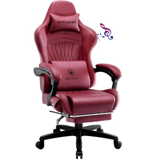 GTPLAYER Gaming Chair, Computer Chair with Footrest and Bluetooth Speakers, High Back Ergonomic Music Game Chair, Reclining Game Chair with Linkage Armrests for Adults and Kids (WineRed)