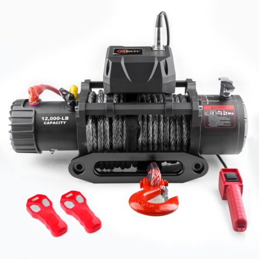 RUGCEL WINCH 12000lb 12V Truck Waterproof Electric Black Synthetic Rope Electric Winch with Hawse Fairlead,Wired Handle,2 Wireless Remote Control,Jeep Trailer Winch - Image 9
