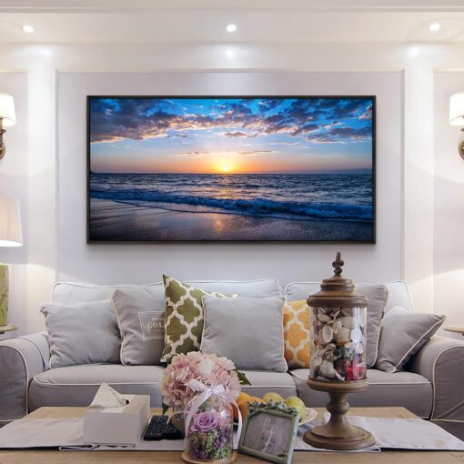 Blue Ocean Framed Wall Decor Living Room Large Size Canvas Wall Art For Bedroom Boho Home Decor Sea Beach Canvas Pictures Artwork Sunny Sea View Painting Office Wall Decorations Black Framed 30" X 60" - Image 5