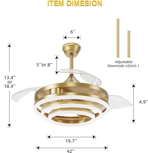 TXCSLY Retractable Ceiling Fan, 42 Inch Chandelier Ceiling Fan with Light, Modern Fandelier Ceiling Fan for Bedroom Living Room Dinning Room, Reverse Motor, 3 Color, 6 Wind Speed, Gold - Image 9