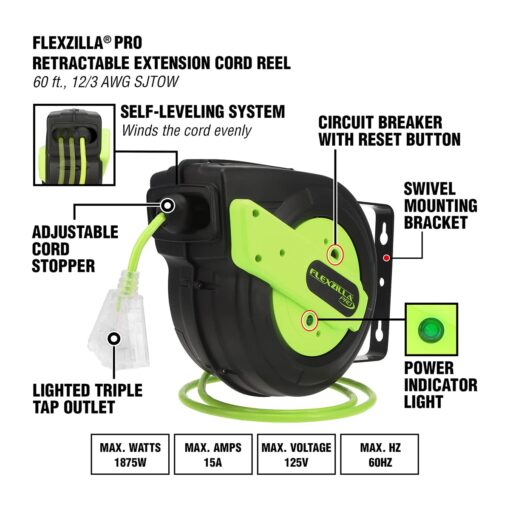 Flexzilla Retractable Extension Cord Reel, 12/3 AWG SJTOW Cord, 60', Grounded Triple Tap Outlet, ZillaGreen, FZ8120603 - Image 6