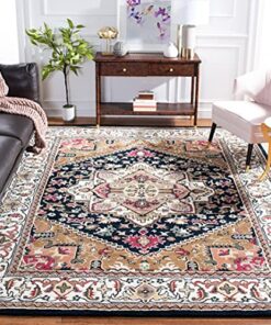 SAFAVIEH Heritage Collection Area Rug - 8' Square, Navy & Brown, Handmade Traditional Oriental Wool, Ideal for High Traffic Areas in Living Room, Bedroom (HG625T)
