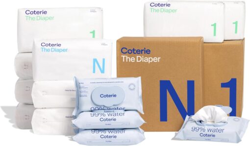 Coterie Baby Wipes + Diapers Kit, Size 1 (198 Count) & Size Newborn Diapers (93 Count), 4 Pack (224) Wipes with 99% Water, Plant Based Materials, Hypoallergenic for Sensitive Skin, Baby Essentials