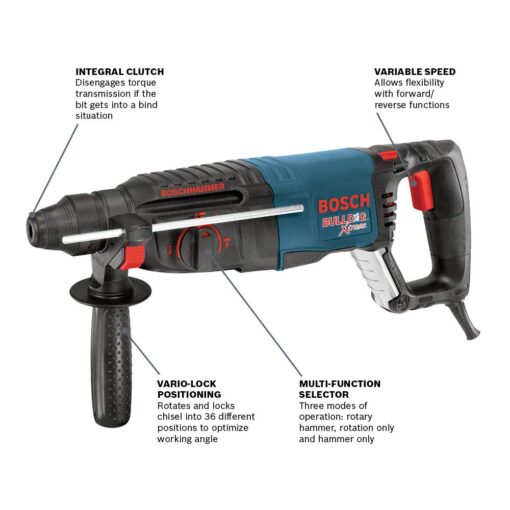 Bosch 11255VSR Bulldog Xtreme - 8 Amp 1 Inch Corded Variable Speed Sds-Plus Concrete/Masonry Rotary Hammer Power Drill, Blue & 1-1/2 x 10" SDS-plus Bulldog Xtreme Hammer Tile Chisel HS1465 - Image 4