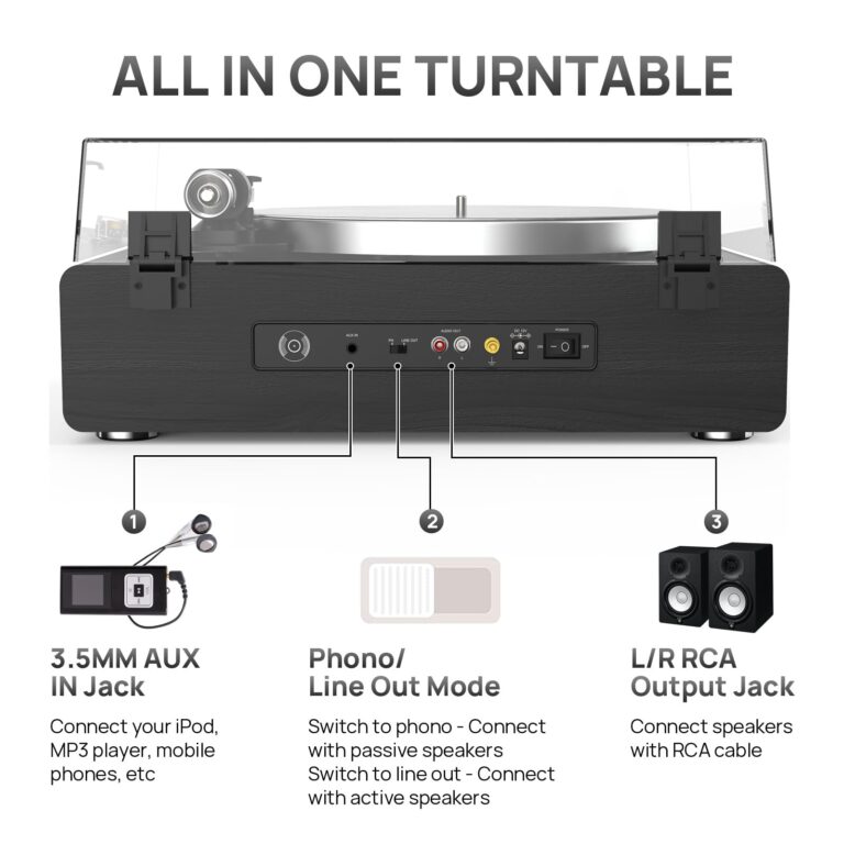 Turntable Record Player with Built-in Speakers, Vinyl Record Player Support Bluetooth Playback Auto Stop 33&45 RPM Speed RCA Line Out AUX in All-in-one Belt-Drive Turntable for Vinyl Records Black - Image 4