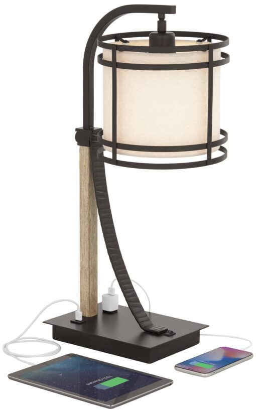 Franklin Iron Works Gentry Industrial Desk Table Lamp 22" High with USB and AC Power Outlet in Base Oil Rubbed Bronze Faux Wood Metal Cage Oatmeal Drum Shade for Bedroom Living Room House Desk - Image 8