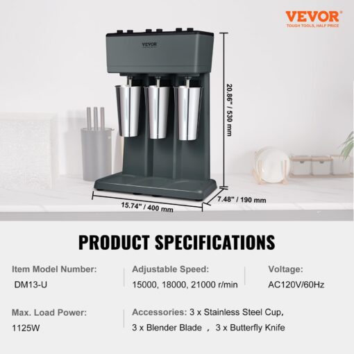 VEVOR Milkshake Maker, 375W x 3 Electric Milkshake Machine, Triple Heads Drink Mixer Blender Machine, 3-Speed Milkshake Mixer with 3 x 820 ml Stainless Steel Cups, for Commercial and Home - Image 5