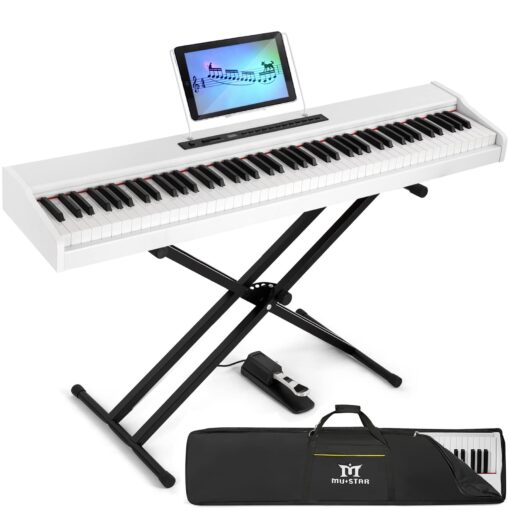 MUSTAR Digital Piano 88 Key Weighted with Stand, 88 Key Semi Weighted Keyboard Piano MEP-1000, Portable Electric Piano Keyboard 88 Keys with Bluetooth Connection, Case, Sustain Pedal, MDF, White