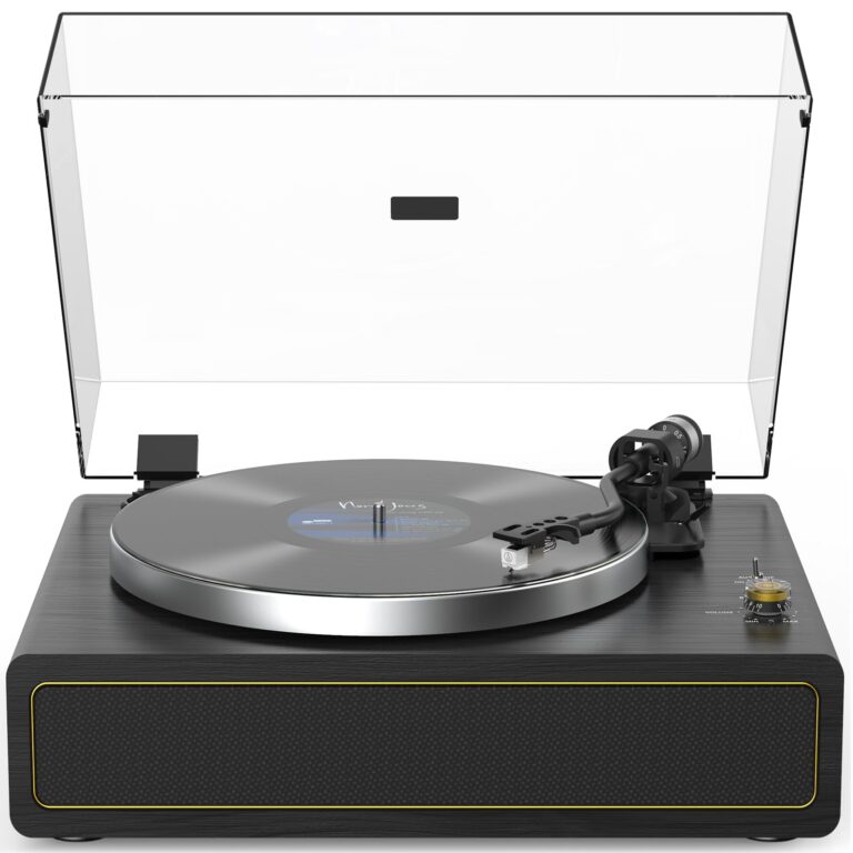 Turntable Record Player with Built-in Speakers, Vinyl Record Player Support Bluetooth Playback Auto Stop 33&45 RPM Speed RCA Line Out AUX in All-in-one Belt-Drive Turntable for Vinyl Records Black