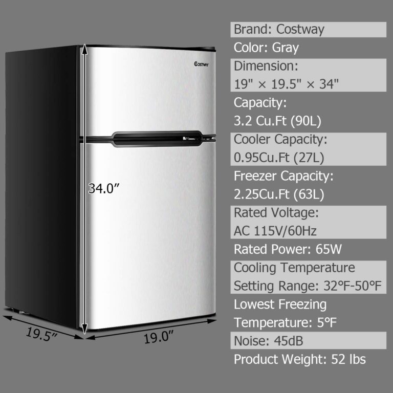 COSTWAY Compact Refrigerator, 3.2 cu ft. Unit 2-Door Mini Freezer Cooler Fridge with Reversible Door, Removable Glass Shelves, Mechanical Control, Recessed Handle for Dorm, Office, Apartment (Grey) - Image 7