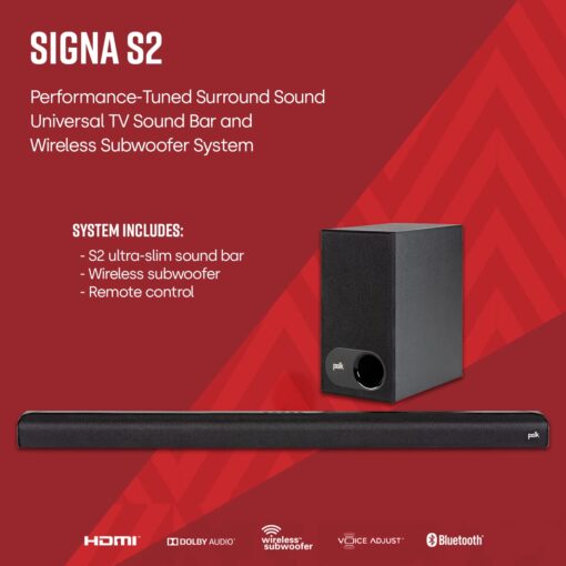 Polk Audio Signa S2 Sound Bar & Wireless Subwoofer – Exclusive VoiceAdjust Technology, Ultra-Slim Design, Works with 4K & HD TVs, HDMI & Optical, Bluetooth, Wireless Streaming - Image 3