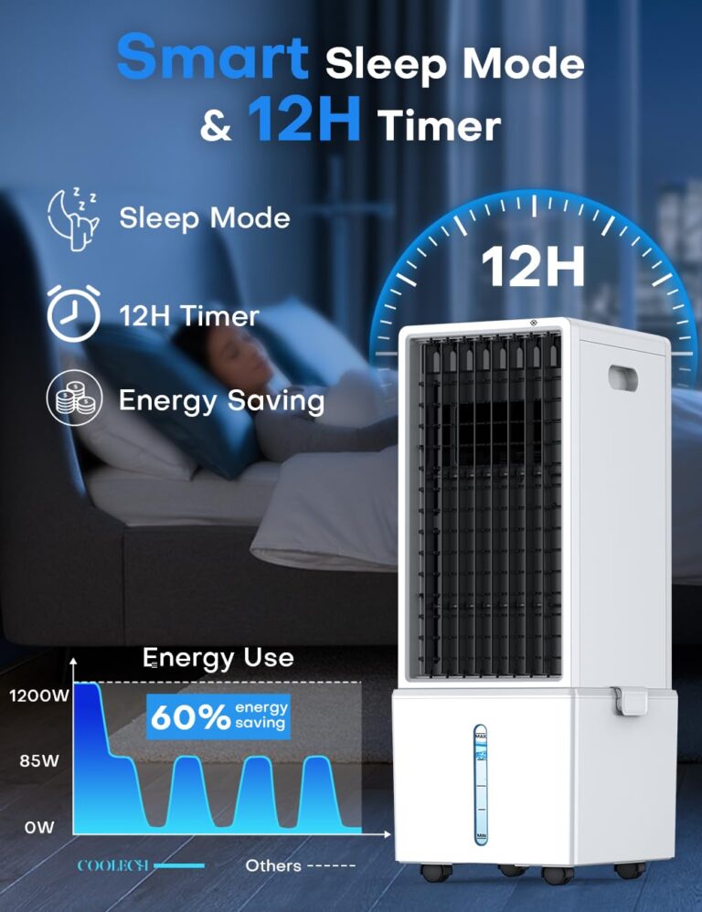 COOLECH 4-IN-1 Portable Air Conditioners w/3.2-Gal Tank for 24H Cooling, 4 Powerful Wind Speeds & 4 Modes, LED Touch Screen, Waterless Alert System & 12H Timer, Remote, Evaporative Air Cooler for Home - Image 3