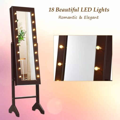 Giantex Standing Jewelry Armoire with 18 LED Lights Around the Door, Large Storage Mirrored Jewelry Cabinet with Full Length Mirror, 16 Lipstick Holders, 1 Inside Makeup Mirror (Brown) - Image 5