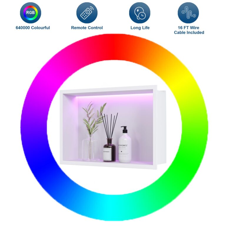 Neohomee White Stainless Steel Shower Niche 18x12Inch, Dimmable RGB Led Light Wall Niche, No Tile Needed Recessed Niche for Bathroom Storage Built-in Installation - Image 5