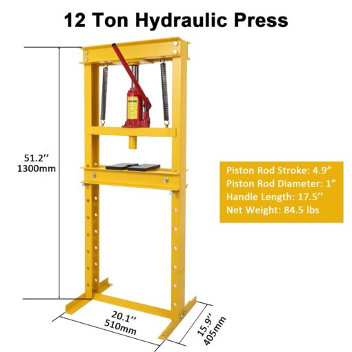 12 Ton Shop Press H Frame Press, 12 Ton Hydraulic Press H Frame Garage Floor Press with Plate, Adjustable Working Table Height Hydraulic Shop Floor Press for Gears and Bearings - Image 3
