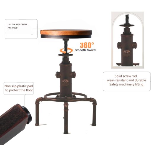 Topower Antique Vintage Industrial Barstool Solid Wood Water Pipe Fire Hydrant Design Cafe Coffee Industrial Bar Stool Set of 2 Red Bronze - Image 7