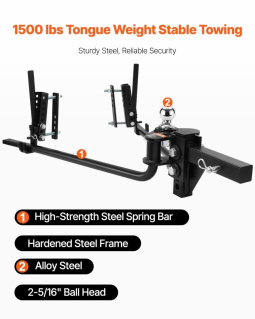 VEVOR Sway Control Weight Distribution Hitch, 1,500 lbs Capacity, Trailer Hitch Kit with 2-Inch Solid Steel Shank, 2-5/16 Inch Alloy Steel Ball, Powder-Coated Load Leveling, Black - Image 7