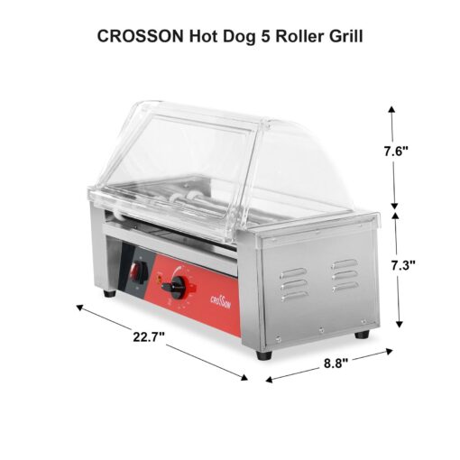 CROSSON 12 Hot Dog 5 Roller Grill Machine with Transparent Sneeze Guard,5 Nonstick 304SS Rollers Commercial Hot Dog Cooker Machine-120V, 750W - Image 2