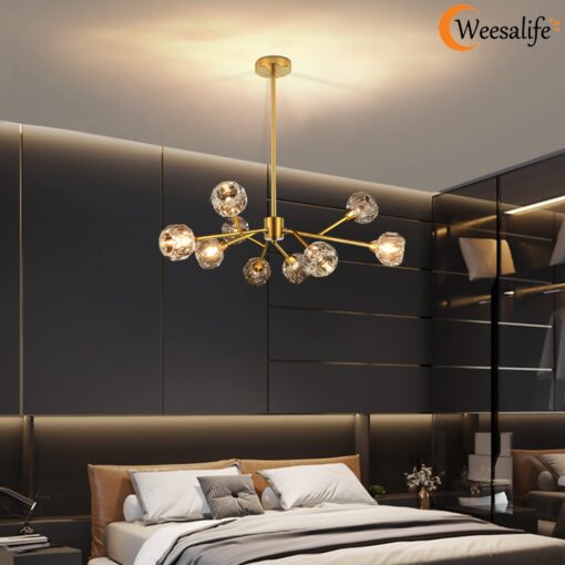 Weesalife Sputnik Chandeliers for Dining Room Light Fixture Over Table, Modern Crystal Chandeliers, 9 Lights Gold Lighting Fixtures for Living Room Bedroom Kitchen Island - Image 7