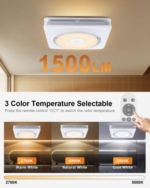 GROWNEER Bathroom Exhaust Fan with Light and Heater, 40W Bathroom Fan with Humidity Sensor, 110/160 CFM 1.0 Sone Exhaust Fan with Light, 1500lm LED Light 2700K/4000K/5000K & Nightlight, Remote - Image 6