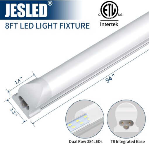 JESLED 8FT LED Shop Lights, 72W 6500K 9000LM Super Bright, 8 Foot Integrated LED Light Fixture, High Output, Frosted Cover, T8 Linkable LED Tube Lights for Garage, Wareshouse, Workshop (6-Pack) - Image 5