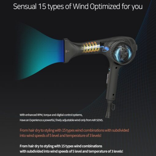 JMW Hair Dryer AIR SENSE I 15 WINDS - 3 Heat X 5 Speed mix, 2 nozzles & dryer Stand, upgrade BLDC motor, 100% Cool shot, Smart Memory, Fast Drying, Low Noise, Curling, Durable, Blow Dryer Frizzy Hair, - Image 4