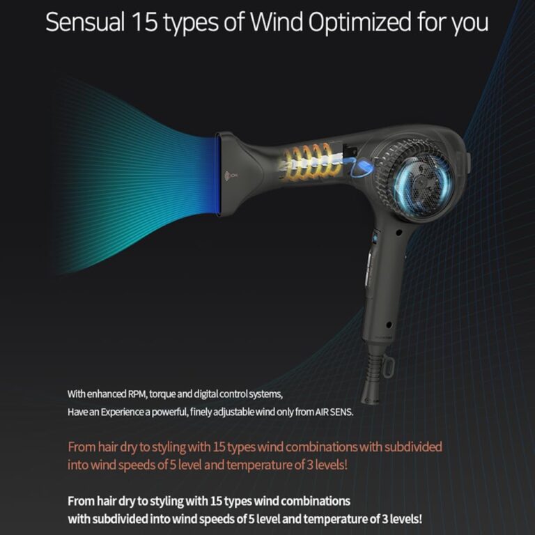 JMW Hair Dryer AIR SENSE I 15 WINDS - 3 Heat X 5 Speed mix, 2 nozzles & dryer Stand, upgrade BLDC motor, 100% Cool shot, Smart Memory, Fast Drying, Low Noise, Curling, Durable, Blow Dryer Frizzy Hair, - Image 4