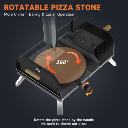 SizzleDelite Outdoor Pizza Oven Wood Pellet 12" Round Pizza Stone, Portable Wood Fired with Built-in Thermometer Pizza Stove, Stainless Steel Pizza Maker for Outside, Backyard, Camping - Black - Image 5