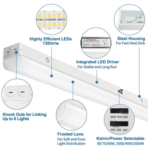 DAKASON 8FT LED Linear Light Fixture, 8 Foot LED Shop Lights 80/70/60W 35/40/5000K CCT Selectable, 8 Feet Commercial Bay Lighting Fluorescent Tube Replacement for Garage Warehouse 4 Pack - Image 5