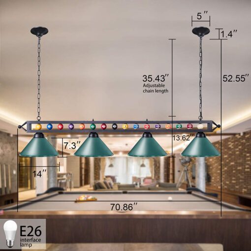 Wellmet Pool Table Light, 70'' 4 Lights Billiard Lighting Hanging Kitchen Island Light Chandelier with Lamp Shades for 7ft 8ft Pool Table, Billiard Table, Game Room, Kitchen - Image 7