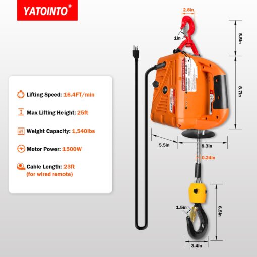 YATOINTO 3 in 1 Electric Hoist Winch, 1540lbs Portable Electric Power Winch with Wire and Wireless Remote Control, 120V Electric Hoist Crane, Overload Protection 25ft Lifting Height for Towing - Image 2