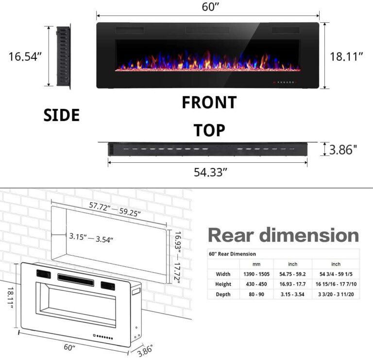 R.W.FLAME 60" Recessed and Wall Mounted Electric Fireplace, Low Noise, Fit for 2 x 6 Stud, Remote Control with Timer, Touch Screen, Adjustable Flame Color and Speed, 750-1500W - Image 9