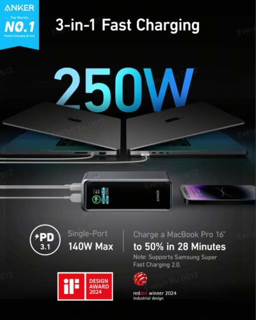 Anker Prime Power Bank, 27,650mAh 3-Port 250W Portable Charger for Travel, TSA-Approved, Smart App, for MacBook Pro/Air, iPhone 16/15/14 Series, Samsung, Laptops, and More (Charging Base Not Included) - Image 7