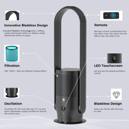 ULTTY Bladeless Tower Fan with HEPA Filter, 90° Oscillating Tower Fan, Remote Control, Touch, 8H Timer, 9 Speeds, Powerful Floor Fan for Bedroom Room Home Office, CR022, Black - Image 2