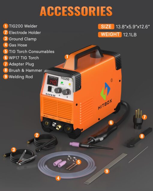 HITBOX TIG Welder, 200A 2 in 1 HF TIG/Stick Welder, 110v/220v Dual Voltage TIG Welding Machine IGBT Digital Inverter Welder with Post Gas Function(TIG200) - Image 2