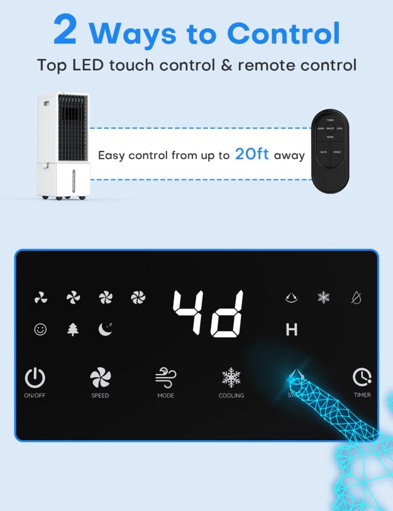 COOLECH 4-IN-1 Portable Air Conditioners w/3.2-Gal Tank for 24H Cooling, 4 Powerful Wind Speeds & 4 Modes, LED Touch Screen, Waterless Alert System & 12H Timer, Remote, Evaporative Air Cooler for Home - Image 8