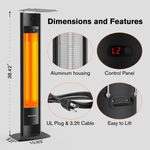 ThermoMate Outdoor Indoor Electric Patio Heater, 1500W 38.5" Portable Tower Infrared Heaer, IP55 Rated Space Radiant Heater with Remote, Timer, Tip-over Protection for Backyard, Restaurant & Garage - Image 2