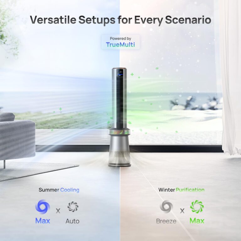 Dreo Air Purifier Tower Fan, 45" 2-in-1 Smart Fan for Bedroom, 27ft/s Velocity, 120°Oscillation, 24H Timer Bladeless Fans for Home, 25dB Low Noise, Standing Fan Works with Alexa, MC710S, Silver Orange - Image 6