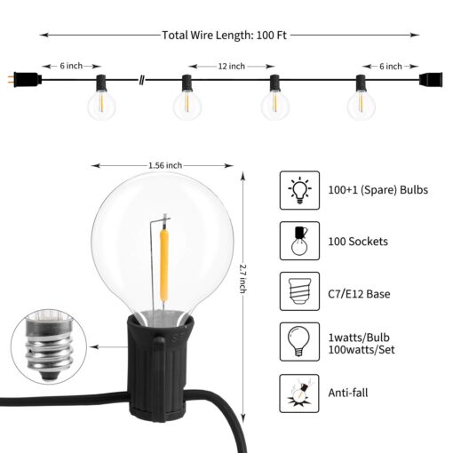 Brightown Led String Lights Outdoor 100Ft Waterproof G40 Patio Lights with 104(4 Spare) Led Shatterproof Bulbs, Led Globe Hanging Lights for Porch Bistro Balcony Backyard Decor, E12 Socket, 2200K - Image 8