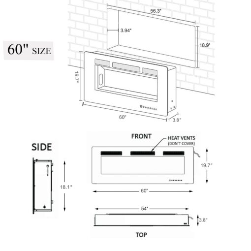 Cloud Mountain 60" Electric Fireplace，Wall-Mounted Heater with Timer Remote, Adjustable Flame for Living Room Bedroom，Black - Image 3