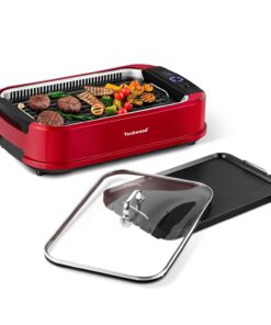 Indoor Smokeless Grill, Techwood 1500W Electric Indoor Grill with Tempered Glass Lid, Portable Non-stick BBQ Korean Grill, Turbo Smoke Extractor Technology, Drip Tray& Double Removable Plate, Red