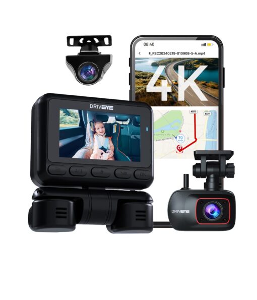 Driveye 4K Dash Cam with 5 Cameras – 4 Channel + 1 Baby Car Camera, Front and Rear, 360° View, IR Night Vision, Free 128GB Card & CPL, 5GHz Wi-Fi GPS, Voice Control, 24H Parking Mode, G-Sensor