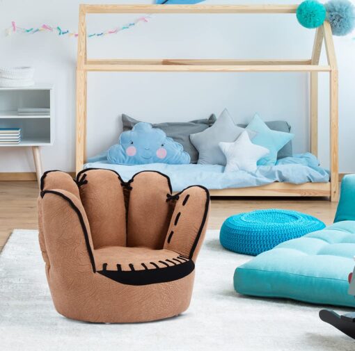 Costzon Kids Couch with Solid Wood Frame & Baseball Glove Design, Children Armchair for Play Room, Nursery, Kindergarten, Kids Room, Gift for Boys & Girls (Brown) - Image 8