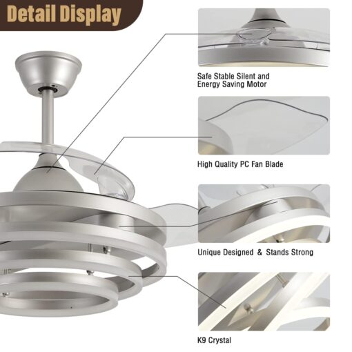 Zenouidle 42" Retractable Ceiling Fan with Lights and Remote,Invisible LED Rings Fandeliers Modern Chandelier Ceiling Fans with 3 Color 6 Speed for Kitchen Bedroom（Chrome） - Image 5